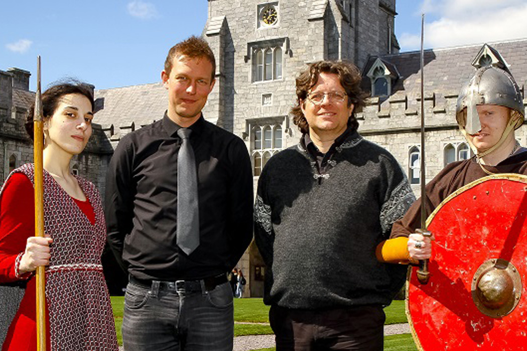 Dr Roderick Dale (Researcher) and Dr Tom Birkett (Principal Investigator) from the World-Tree Project, pictured with Elena Coderoni and Shane Broderick from UCC’s Medieval & Renaissance Society.
