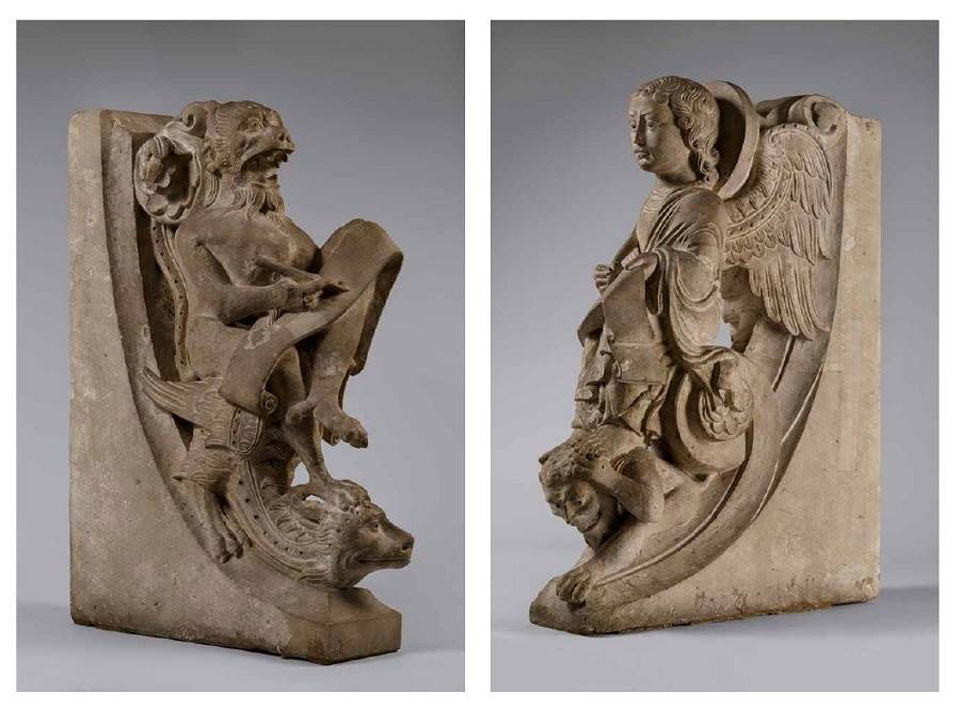 Writing Angel and Devil. Choir stall ends from c. 1210 -20. From the Bonn, Münster. Rheinisches Bildarchiv/M. Mennicken and E. Bauer